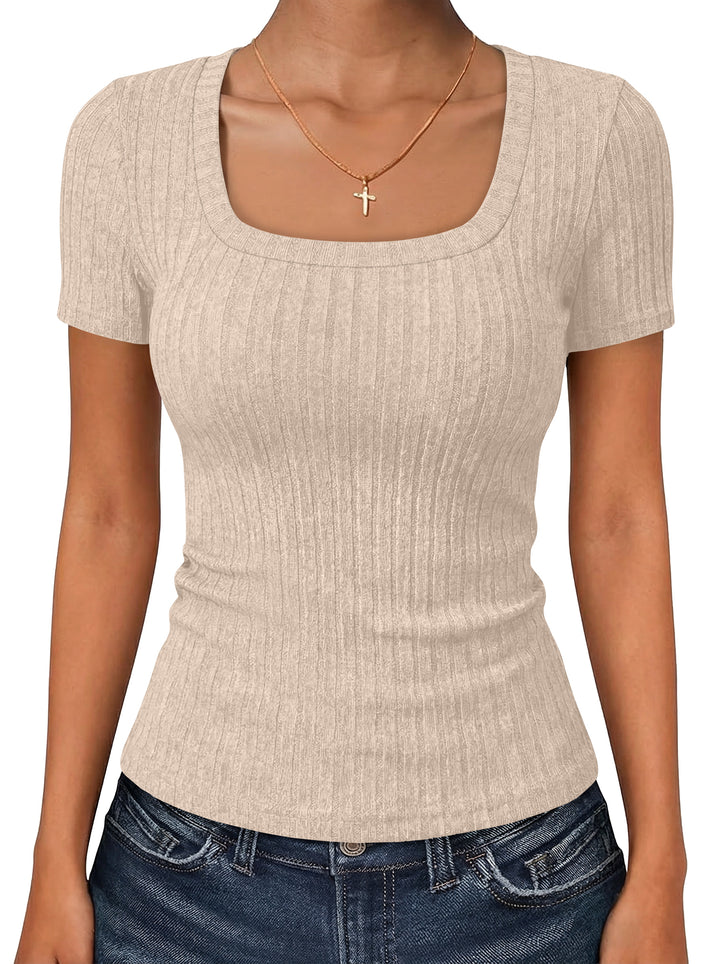 ANRABESS Womens Square Neck Tops, Soft Lightweight Rib Knit Sweater, Short Sleeve Slim Fit Shirts, Summer Casual Outfits 2026