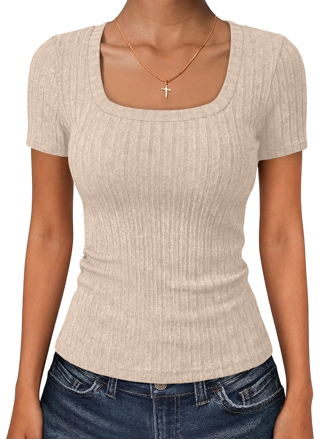 ANRABESS Womens Square Neck Tops, Soft Lightweight Rib Knit Sweater, Short Sleeve Slim Fit Shirts, Summer Casual Outfits 2026