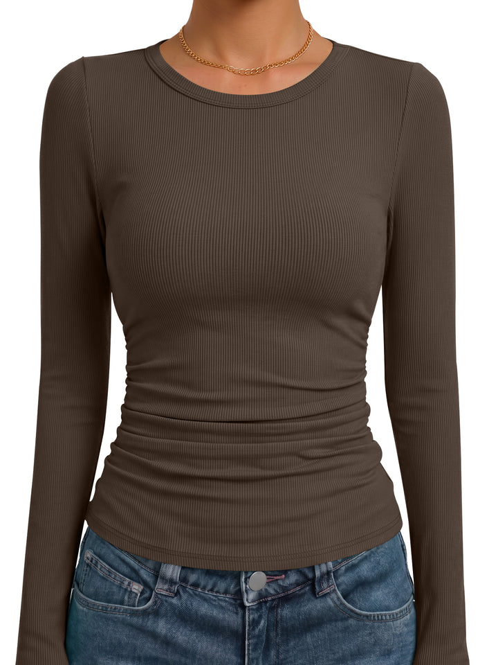 ANRABESS Women's Long Sleeve Shirts , Ruched Side Fitted Basic Tee Tops, Soft Ribbed Stretchy T-Shirt Layer for Casual & Work
