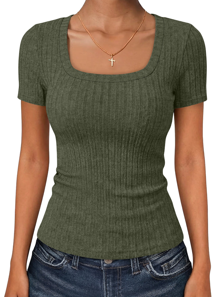 ANRABESS Womens Square Neck Tops, Soft Lightweight Rib Knit Sweater, Short Sleeve Slim Fit Shirts, Summer Casual Outfits 2026