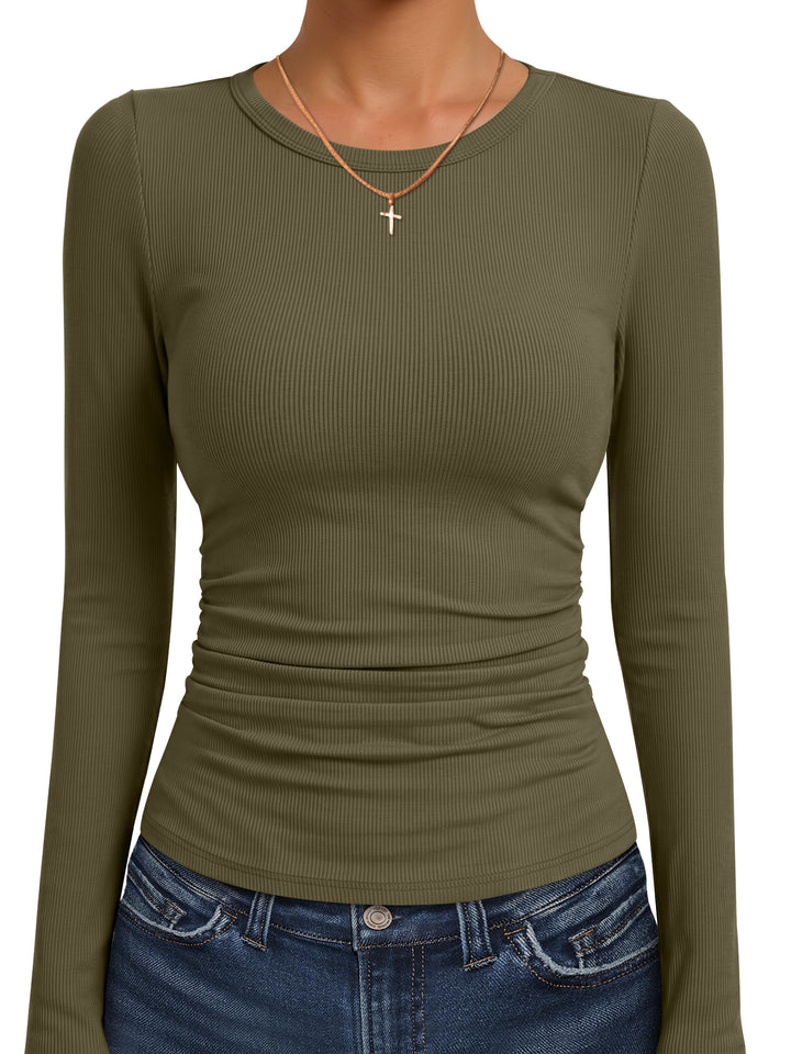ANRABESS Women's Long Sleeve Shirts , Ruched Side Fitted Basic Tee Tops, Soft Ribbed Stretchy T-Shirt Layer for Casual & Work