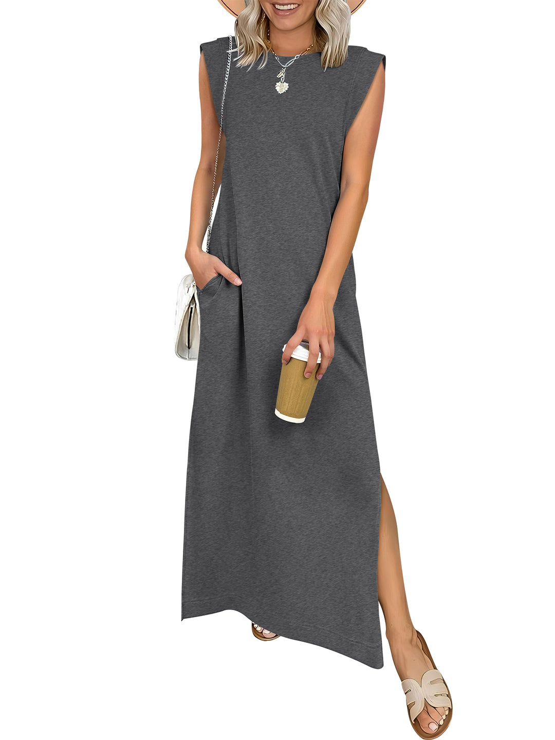 ANRABESS Summer Casual Sleeveless Maxi Dress for Women Crewneck Loose Split Wrinkle-Free Travel Vacation Long Dress Beach Sundress with Pockets