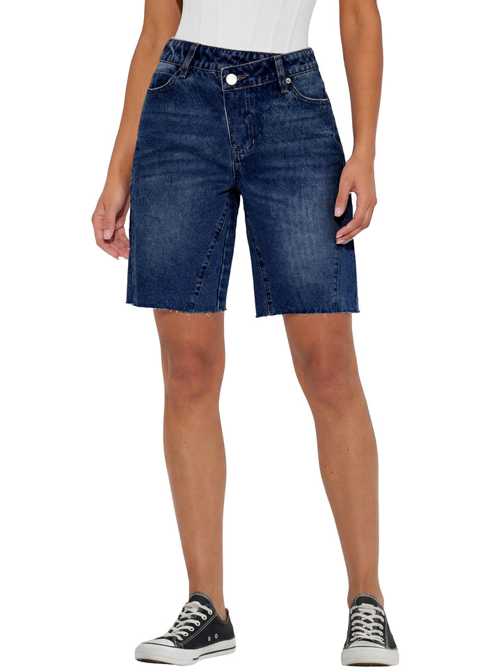 ANRABESS Womens Bermuda Jean Shorts 2026 Summer Knee Length Stretchy Crossover Wide Leg Mid Waisted Casual Denim Shorts Jorts