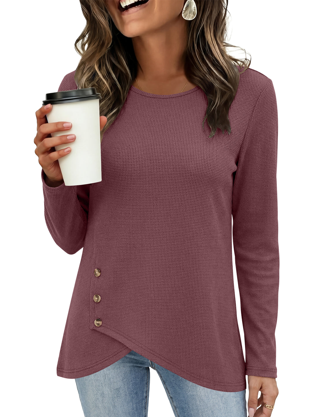 ANRABESS Long Sleeve Shirts for Women, Waffle Knit Wrap Tunic Tops, Lightweight Soft Fall Outfits for Daily Work Travel