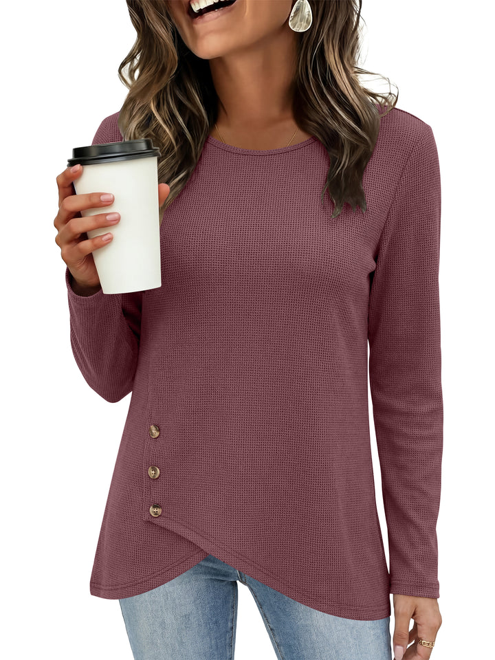 ANRABESS Long Sleeve Shirts for Women, Waffle Knit Wrap Tunic Tops, Lightweight Soft Fall Outfits for Daily Work Travel
