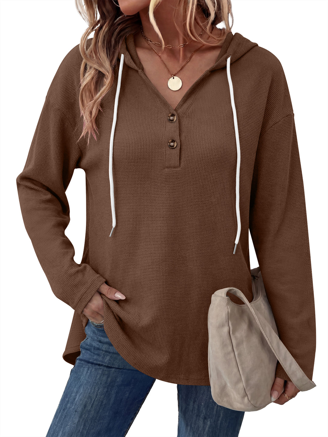 ANRABESS Waffle Knit Hoodies for Women, Comfy Drawstring Loose Fit, Long Sleeve Sweatshirt Tops for Casual Daily Wear, Work