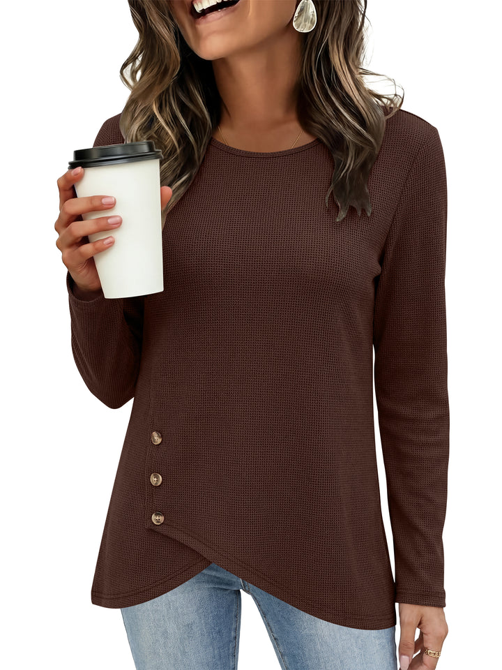 ANRABESS Long Sleeve Shirts for Women, Waffle Knit Wrap Tunic Tops, Lightweight Soft Fall Outfits for Daily Work Travel