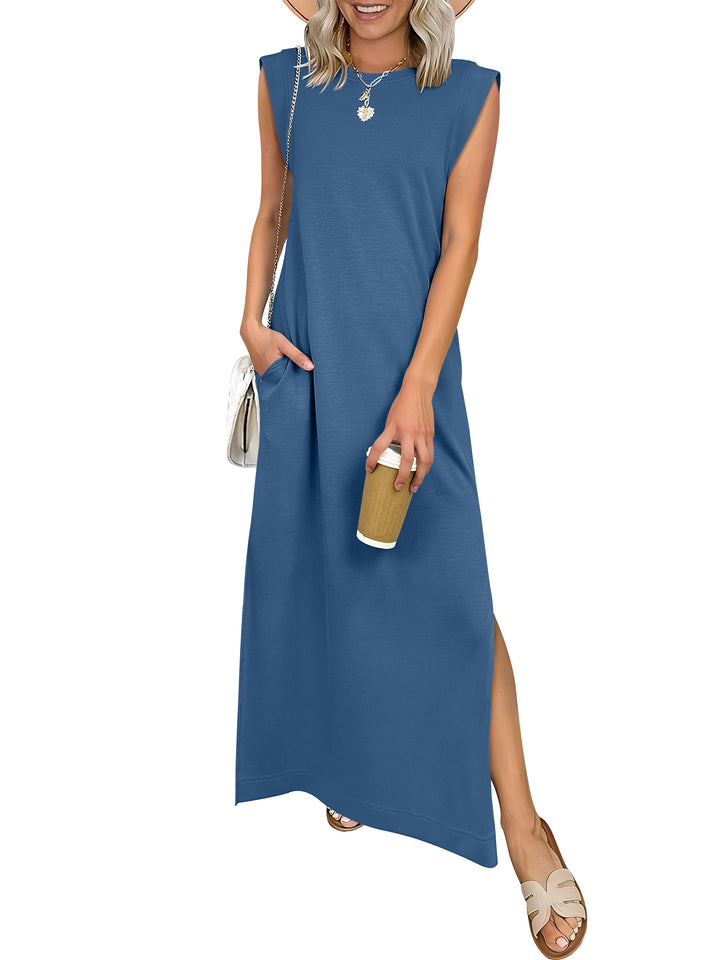 ANRABESS Summer Casual Sleeveless Maxi Dress for Women Crewneck Loose Split Wrinkle-Free Travel Vacation Long Dress Beach Sundress with Pockets