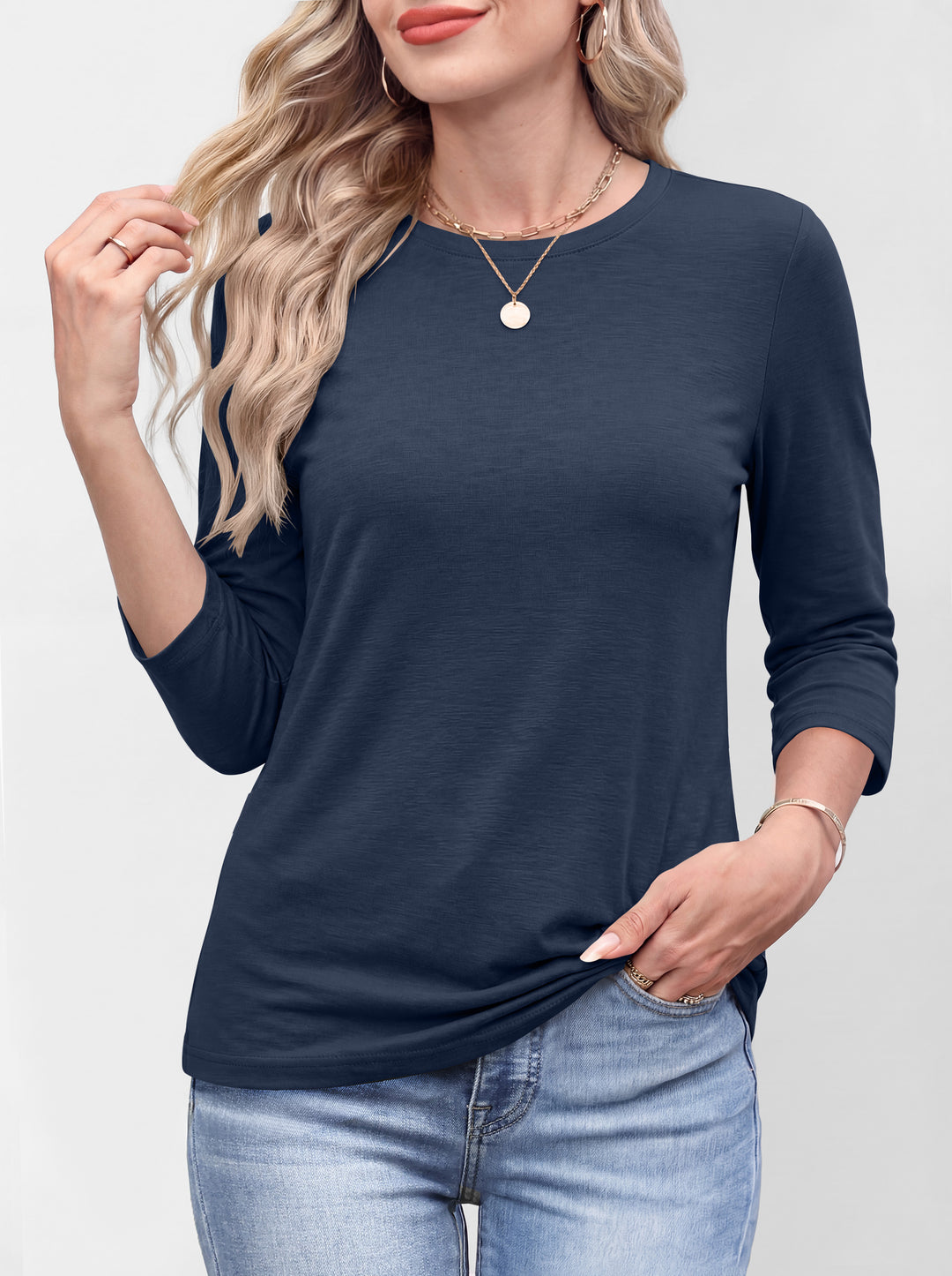 ANRABESS Womens 3/4 Sleeve Top，Wrinkle-Free Soft T-Shirts，Crew Neck Basic Tee，Casual Summer Spring Clothes ，Daily Work Travel