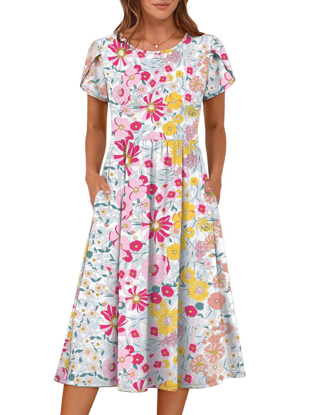 ANRABESS Summer Short Sleeve A-Line Midi Dresses for Women Flowy Casual T Shirt Dresses Beach Floral Sundress with Pockets