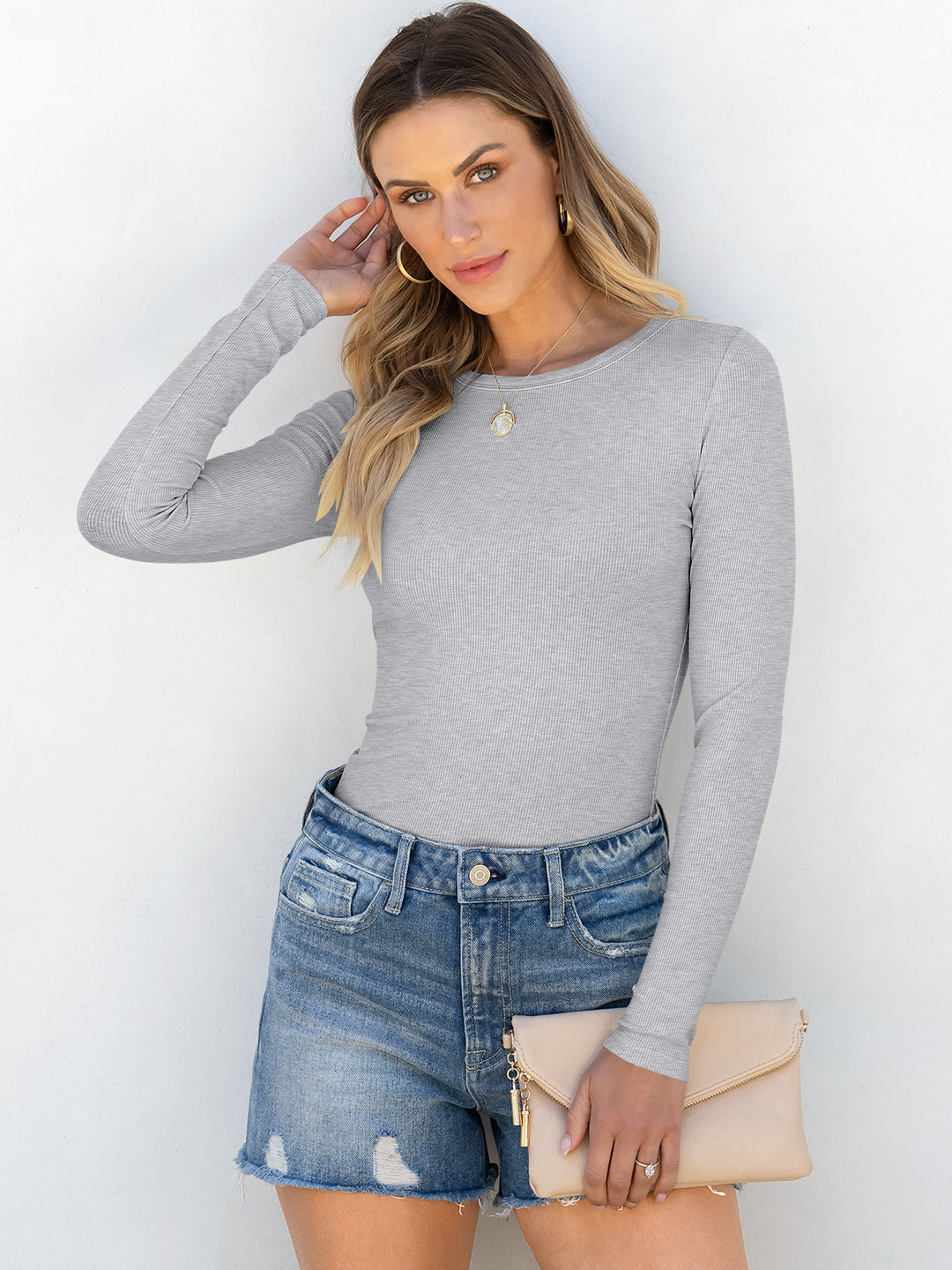 ANRABESS Long Sleeve Shirts for Women Ribbed Knit Slim Fit Basic Tops Crewneck Tees Spring Fall Casual Underscrubs Layer Clothes