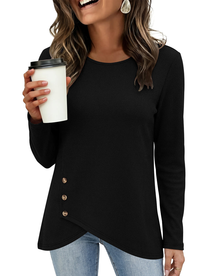ANRABESS Long Sleeve Shirts for Women, Waffle Knit Wrap Tunic Tops, Lightweight Soft Fall Outfits for Daily Work Travel