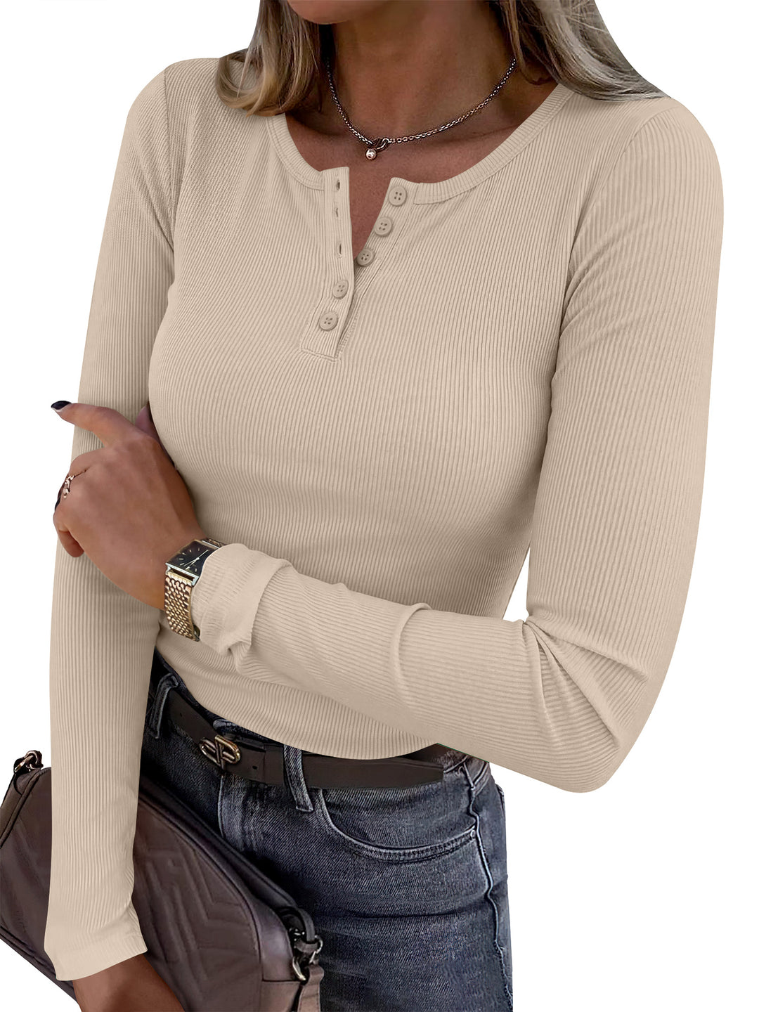ANRABESS Womens Long Sleeve Henley Tops, Ribbed Slim Fit Shirts, Comfy Stretchy Fall Winter Layer，Basic Tee for Work & Travel