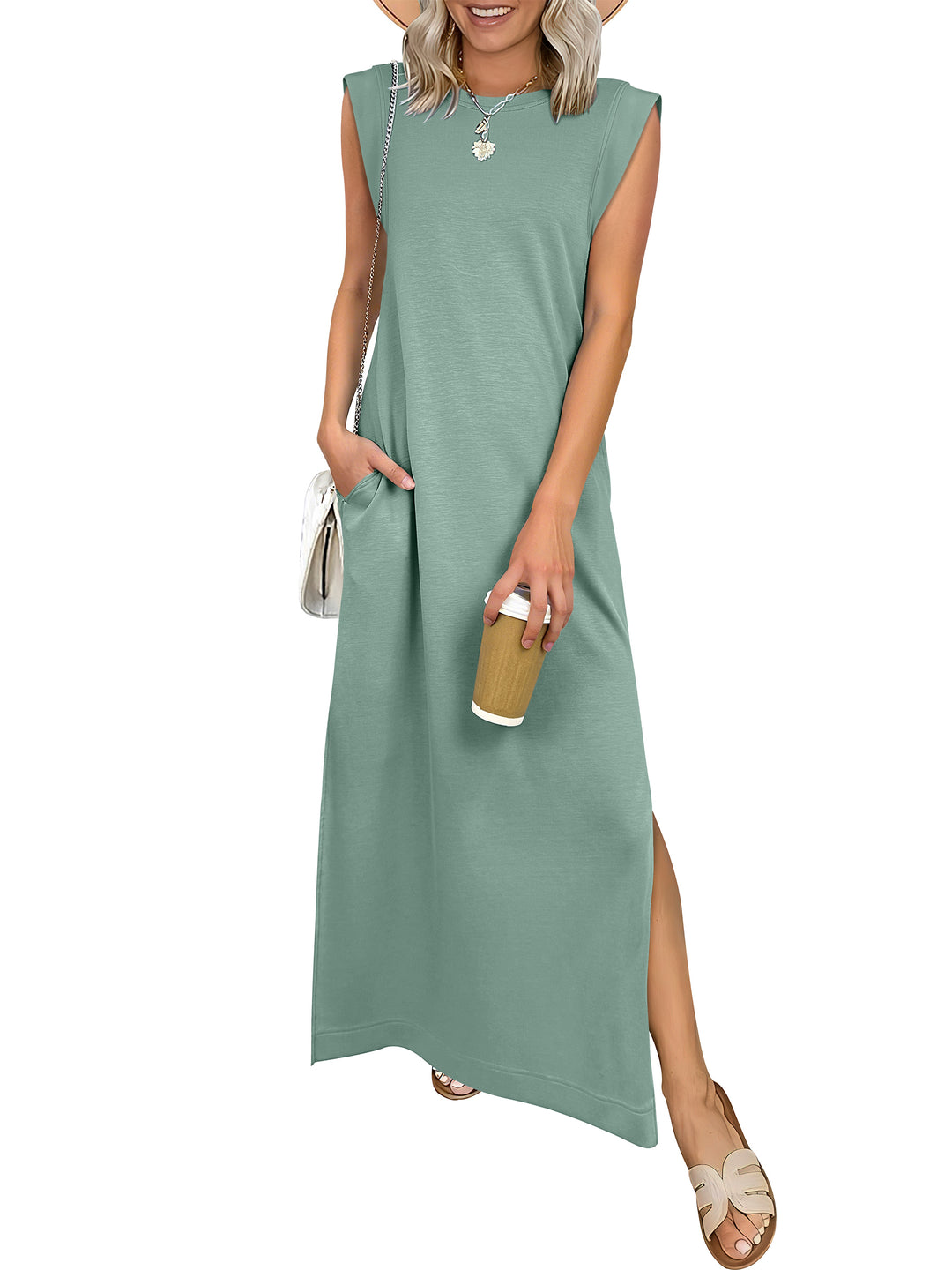 ANRABESS Summer Casual Sleeveless Maxi Dress for Women Crewneck Loose Split Wrinkle-Free Travel Vacation Long Dress Beach Sundress with Pockets
