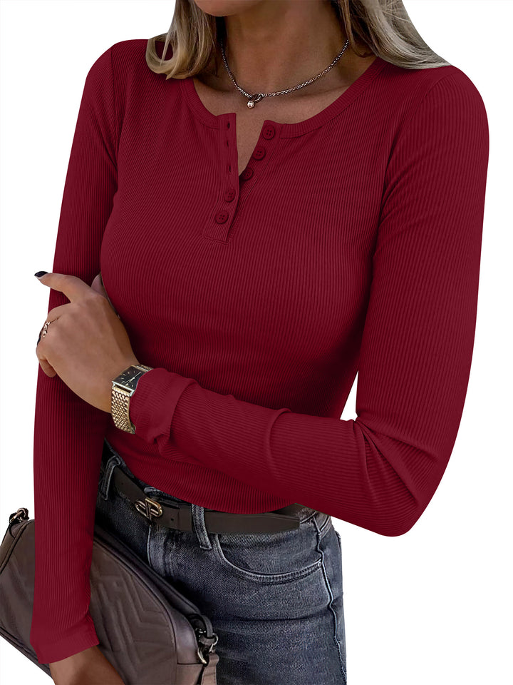 ANRABESS Womens Long Sleeve Henley Tops, Ribbed Slim Fit Shirts, Comfy Stretchy Fall Winter Layer，Basic Tee for Work & Travel