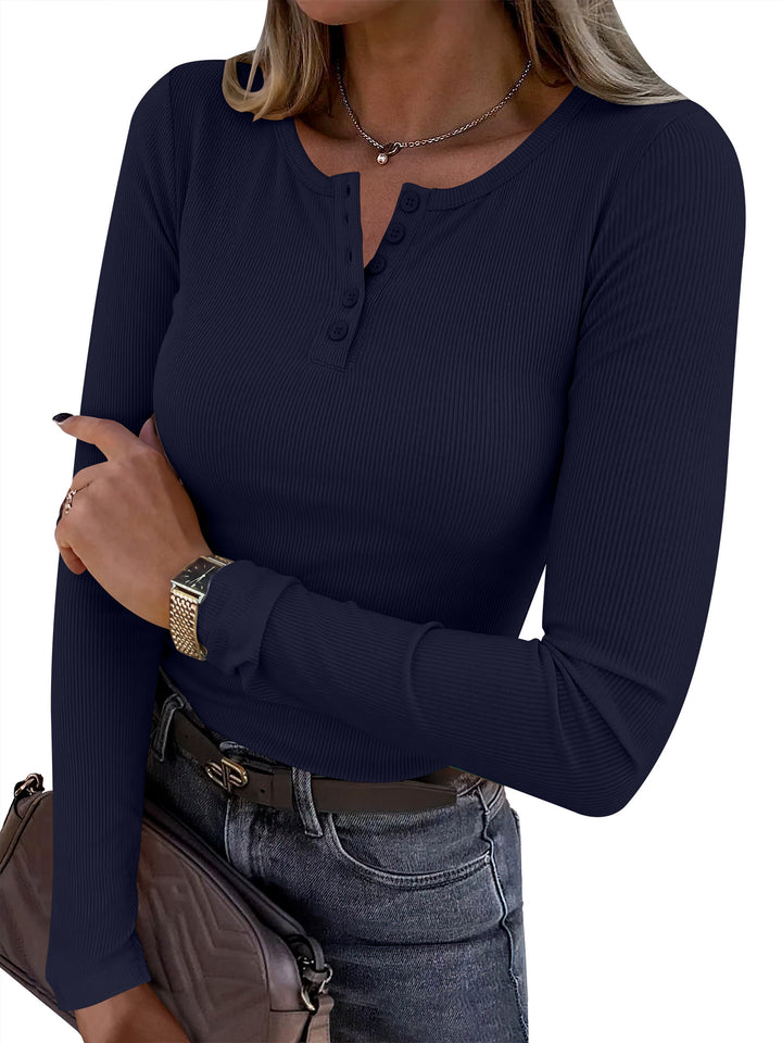 ANRABESS Womens Long Sleeve Henley Tops, Ribbed Slim Fit Shirts, Comfy Stretchy Fall Winter Layer，Basic Tee for Work & Travel