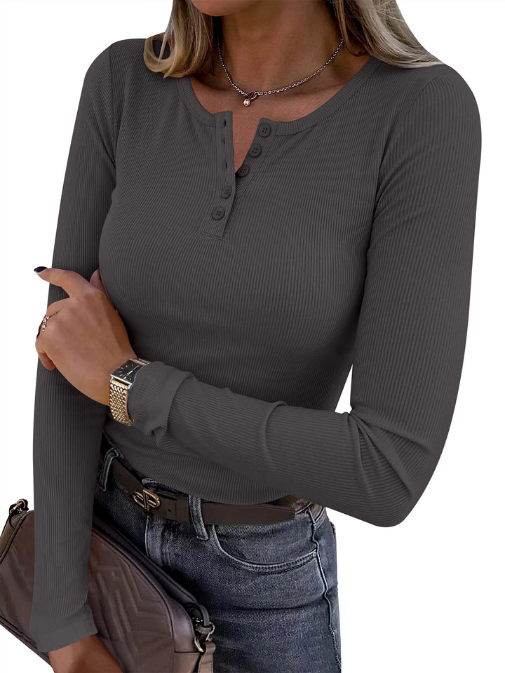 ANRABESS Womens Long Sleeve Henley Tops, Ribbed Slim Fit Shirts, Comfy Stretchy Fall Winter Layer，Basic Tee for Work & Travel