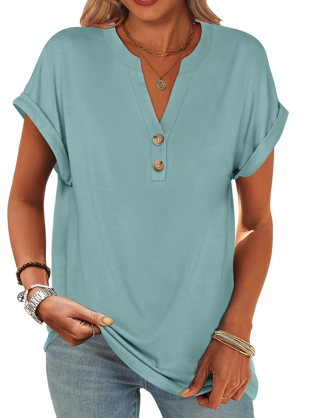 ANRABESS Womens Short Sleeve Henley Tops V Neck Dressy Casual Blouses Summer Trendy Tee Shirts 2026 Vacation Fashion Clothes