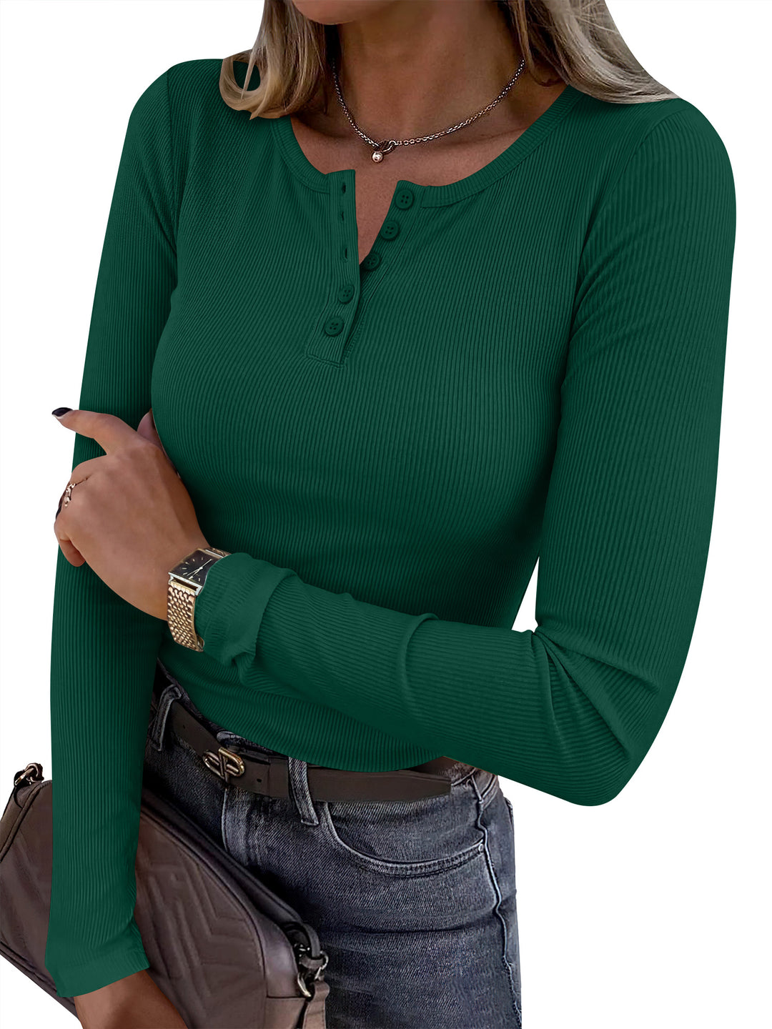ANRABESS Womens Long Sleeve Henley Tops, Ribbed Slim Fit Shirts, Comfy Stretchy Fall Winter Layer，Basic Tee for Work & Travel
