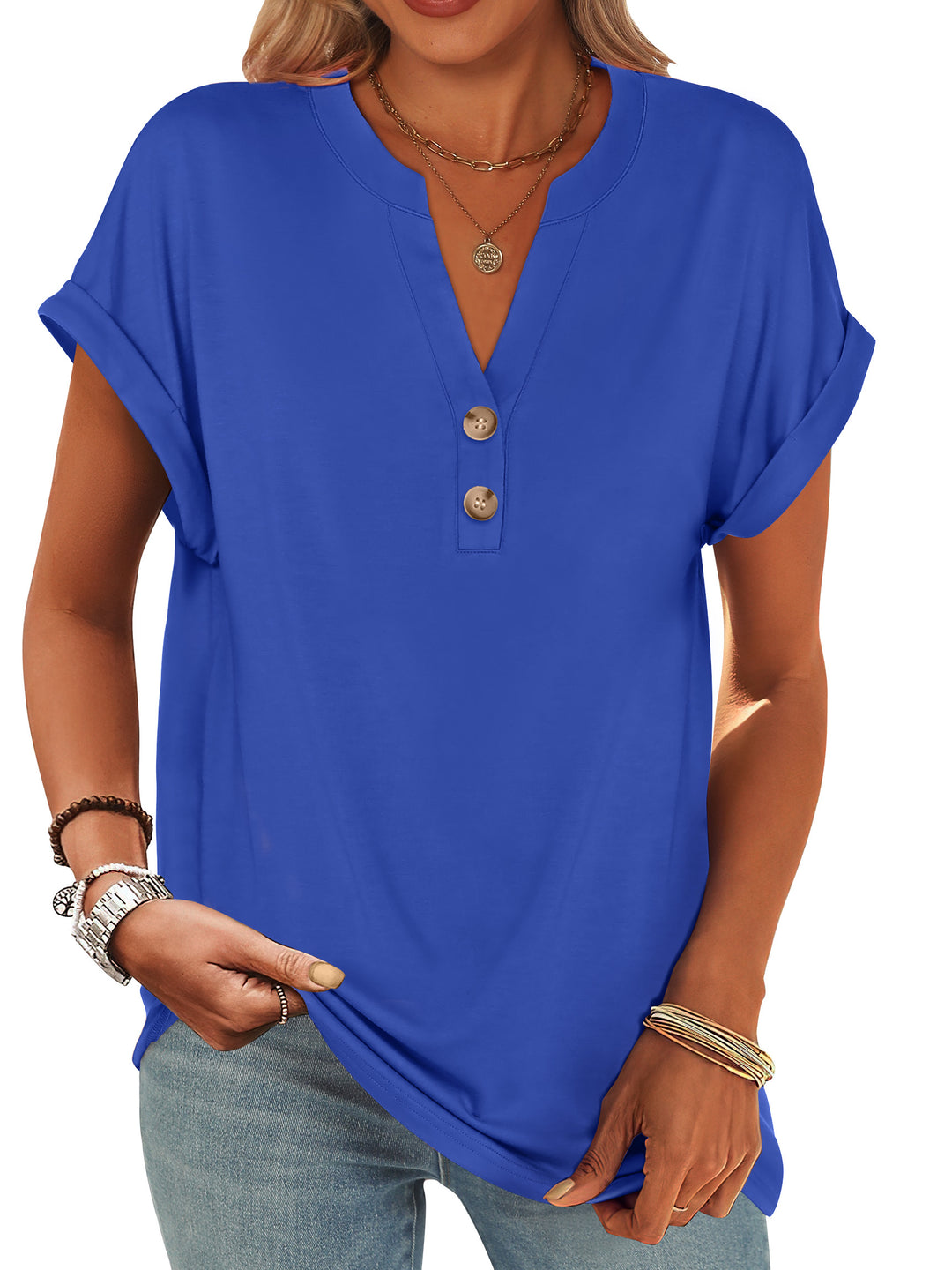 ANRABESS Womens Short Sleeve Henley Tops V Neck Dressy Casual Blouses Summer Trendy Tee Shirts 2026 Vacation Fashion Clothes
