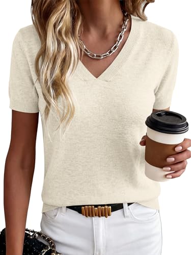 ANRABESS Women Short Sleeve Sweaters Wool Blend V Neck Sweater Shirts Business Casual Work Tops 2026 Summer Vacation Outfits