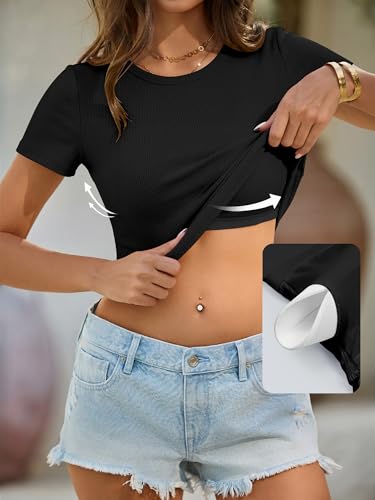 ANRABESS Womens Short Sleeve Tops Built in Bra Slim Fitted Ribbed Knit Crewneck Shirts 2026 Casual Summer Basic Tee Clothes
