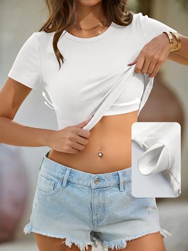 ANRABESS Womens Short Sleeve Tops Built in Bra Slim Fitted Ribbed Knit Crewneck Shirts 2026 Casual Summer Basic Tee Clothes
