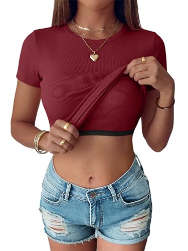 ANRABESS Womens Short Sleeve Tops Built in Bra Slim Fitted Ribbed Knit Crewneck Shirts 2026 Casual Summer Basic Tee Clothes