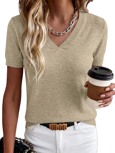ANRABESS Women Short Sleeve Sweaters Wool Blend V Neck Sweater Shirts Business Casual Work Tops 2026 Summer Vacation Outfits