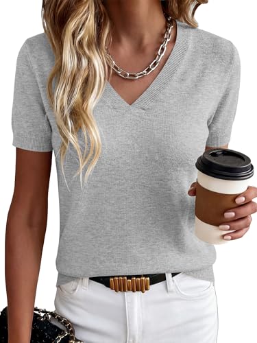 ANRABESS Women Short Sleeve Sweaters Wool Blend V Neck Sweater Shirts Business Casual Work Tops 2026 Summer Vacation Outfits