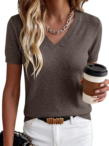 ANRABESS Women Short Sleeve Sweaters Wool Blend V Neck Sweater Shirts Business Casual Work Tops 2026 Summer Vacation Outfits