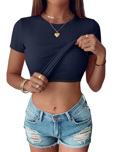 ANRABESS Womens Short Sleeve Tops Built in Bra Slim Fitted Ribbed Knit Crewneck Shirts 2026 Casual Summer Basic Tee Clothes