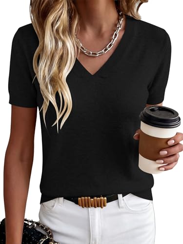ANRABESS Women Short Sleeve Sweaters Wool Blend V Neck Sweater Shirts Business Casual Work Tops 2026 Summer Vacation Outfits