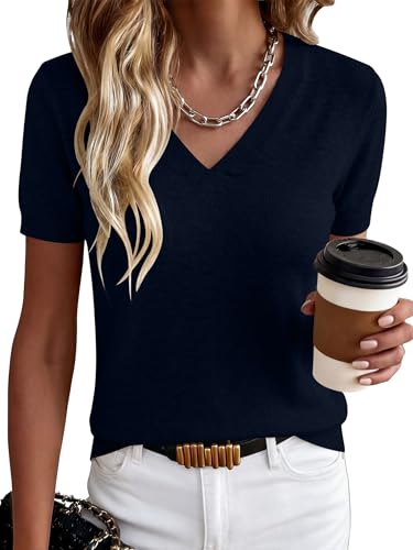 ANRABESS Women Short Sleeve Sweaters Wool Blend V Neck Sweater Shirts Business Casual Work Tops 2026 Summer Vacation Outfits