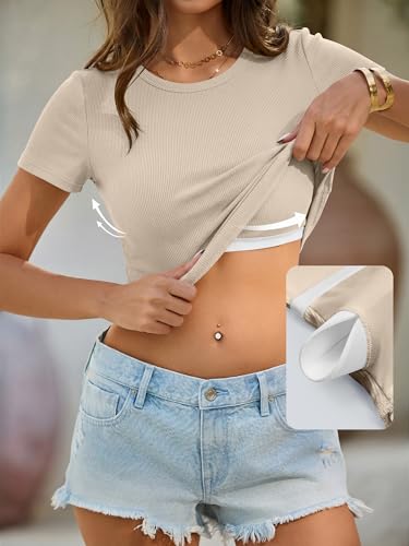 ANRABESS Womens Short Sleeve Tops Built in Bra Slim Fitted Ribbed Knit Crewneck Shirts 2026 Casual Summer Basic Tee Clothes