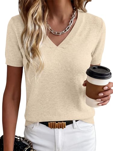 ANRABESS Women Short Sleeve Sweaters Wool Blend V Neck Sweater Shirts Business Casual Work Tops 2026 Summer Vacation Outfits