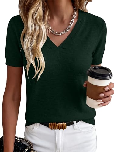 ANRABESS Women Short Sleeve Sweaters Wool Blend V Neck Sweater Shirts Business Casual Work Tops 2026 Summer Vacation Outfits