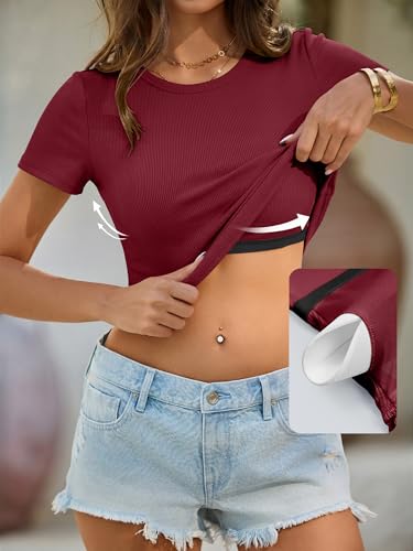 ANRABESS Womens Short Sleeve Tops Built in Bra Slim Fitted Ribbed Knit Crewneck Shirts 2026 Casual Summer Basic Tee Clothes