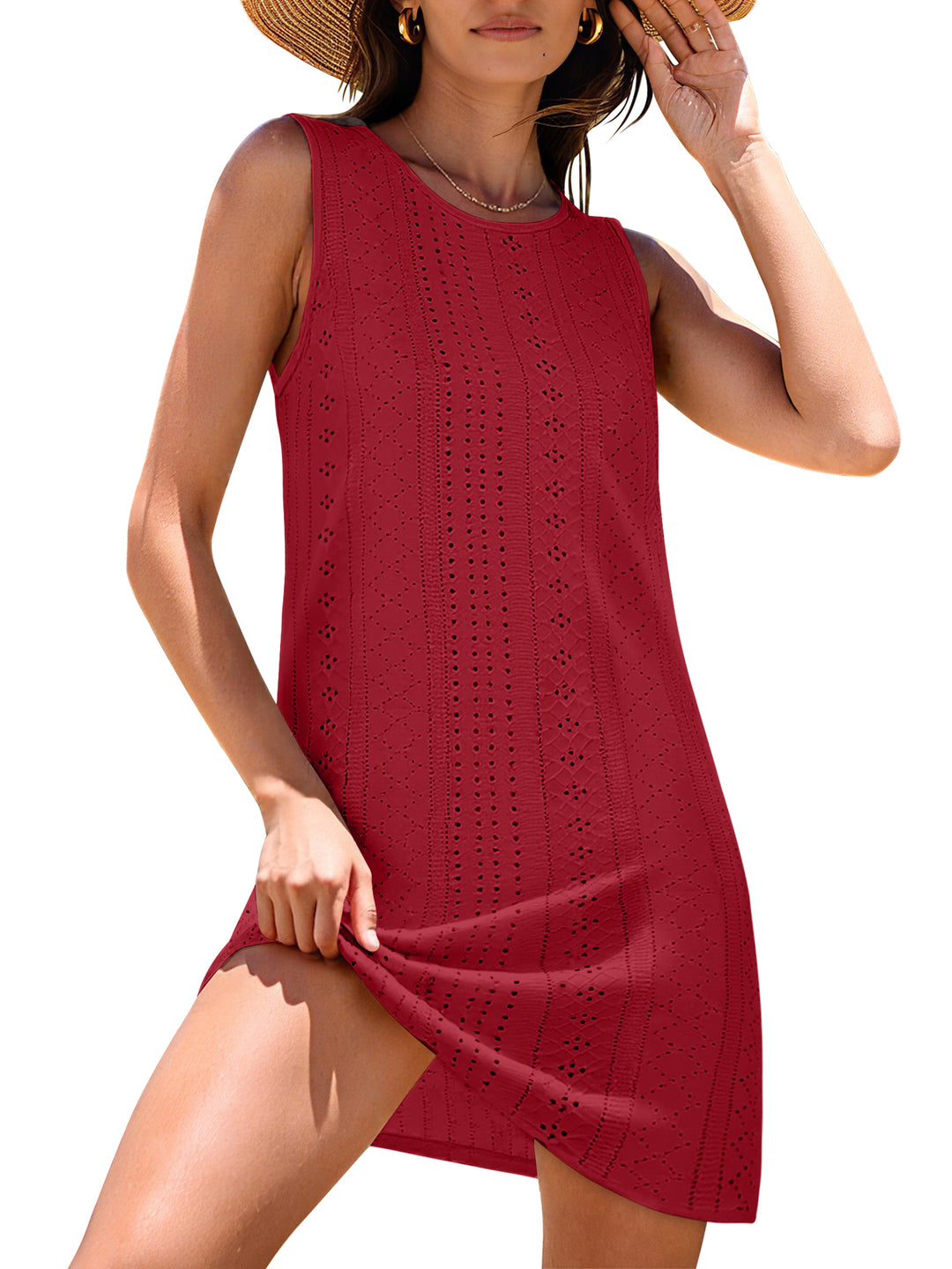 ANRABESS Swimsuit Coverup for Women Beach Cover Up 2026 Summer Dresses Loose Eyelet Sleeveless Bathing Suit Cover Ups for Swimwear Vacation Sundresses Tank Dresses