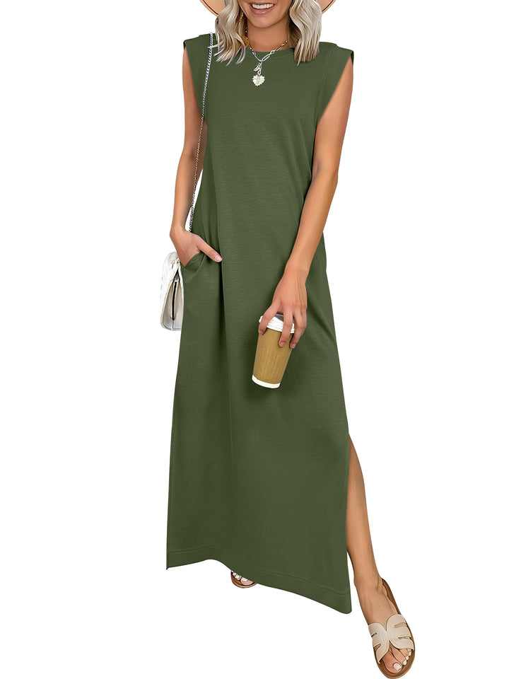 ANRABESS Summer Casual Sleeveless Maxi Dress for Women Crewneck Loose Split Wrinkle-Free Travel Vacation Long Dress Beach Sundress with Pockets