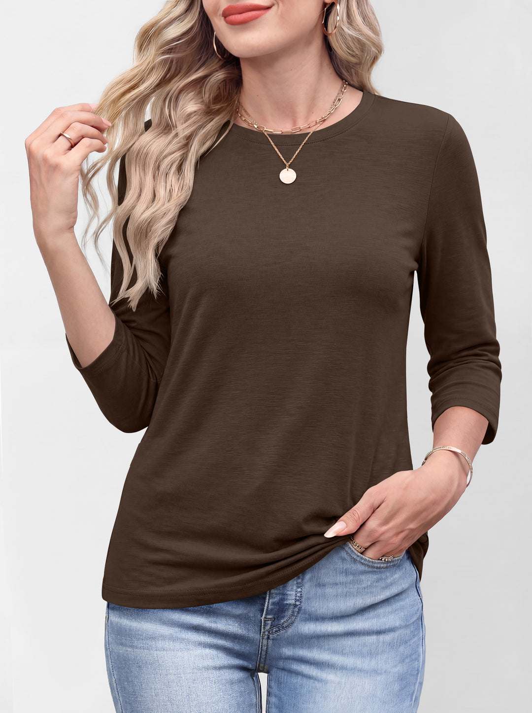 ANRABESS Womens 3/4 Sleeve Top，Wrinkle-Free Soft T-Shirts，Crew Neck Basic Tee，Casual Summer Spring Clothes ，Daily Work Travel