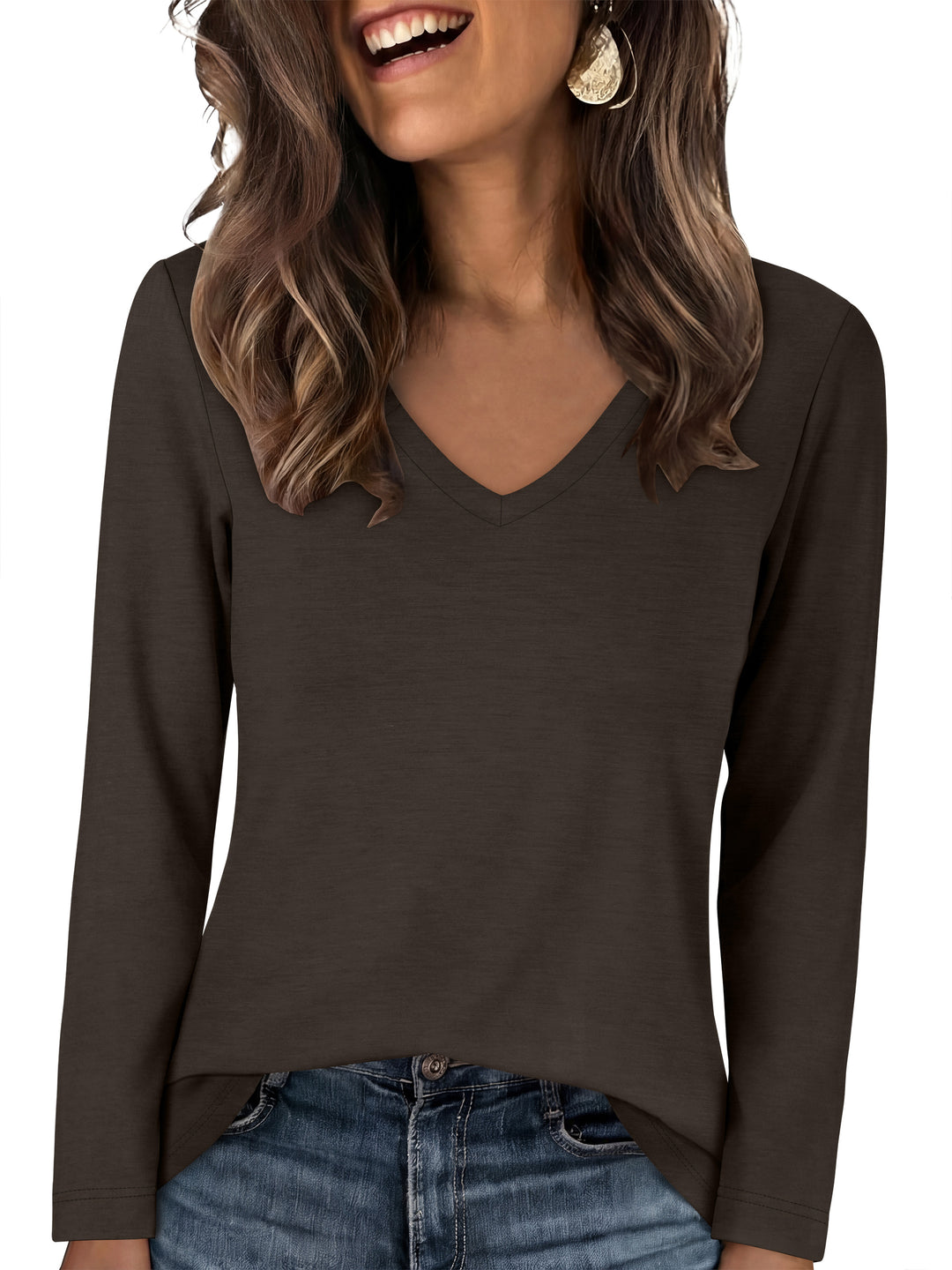 ANRABESS Long Sleeve Shirts for Women, Soft Stretchy Wrinkle-Free V Neck Tops, Fall Casual Tshirts for Work Daily