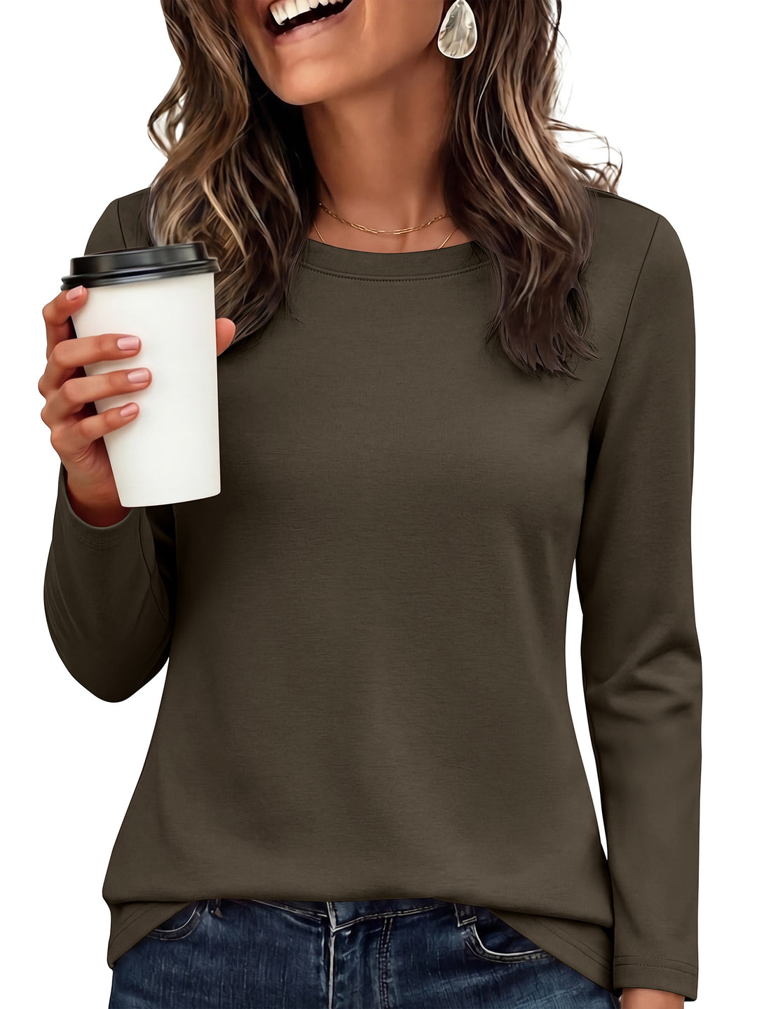 ANRABESS Long Sleeve Shirts for Women,Soft Stretchy Wrinkle-Free Tops,Casual Crew Neck T Shirt for Work Daily Fall