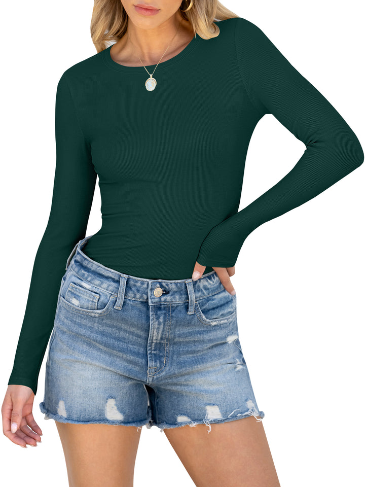 ANRABESS Long Sleeve Shirts for Women Ribbed Knit Slim Fit Basic Tops Crewneck Tees Spring Fall Casual Underscrubs Layer Clothes