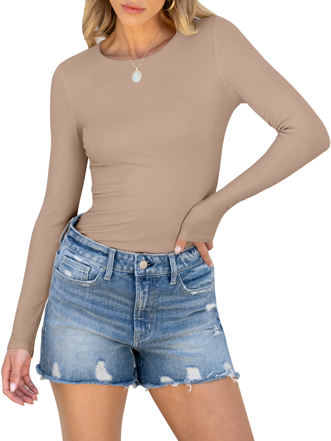 ANRABESS Long Sleeve Shirts for Women Ribbed Knit Slim Fit Basic Tops Crewneck Tees Spring Fall Casual Underscrubs Layer Clothes