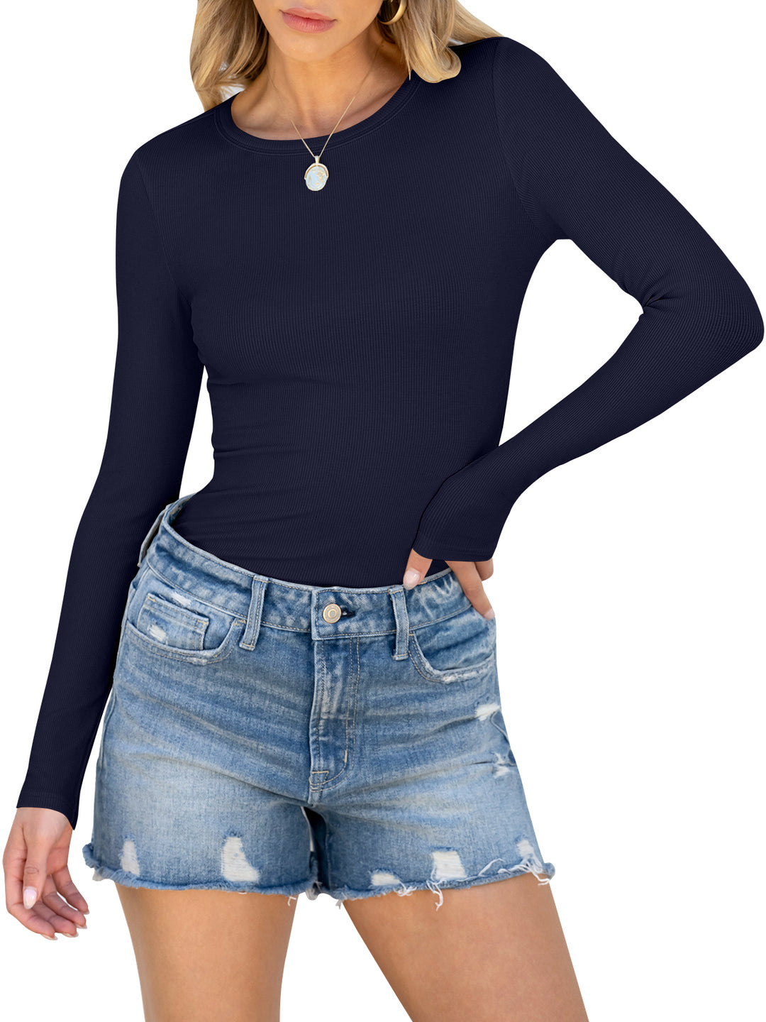 ANRABESS Long Sleeve Shirts for Women Ribbed Knit Slim Fit Basic Tops Crewneck Tees Spring Fall Casual Underscrubs Layer Clothes
