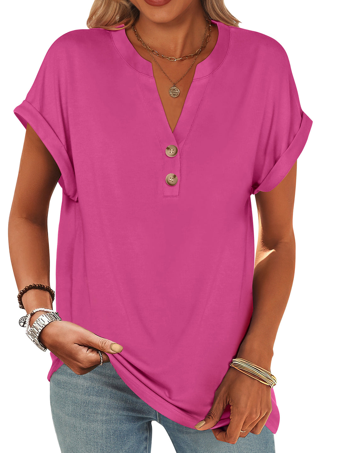 ANRABESS Womens Short Sleeve Henley Tops V Neck Dressy Casual Blouses Summer Trendy Tee Shirts 2026 Vacation Fashion Clothes