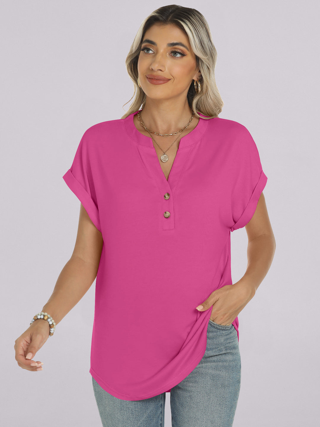 ANRABESS Womens Short Sleeve Henley Tops V Neck Dressy Casual Blouses Summer Trendy Tee Shirts 2026 Vacation Fashion Clothes