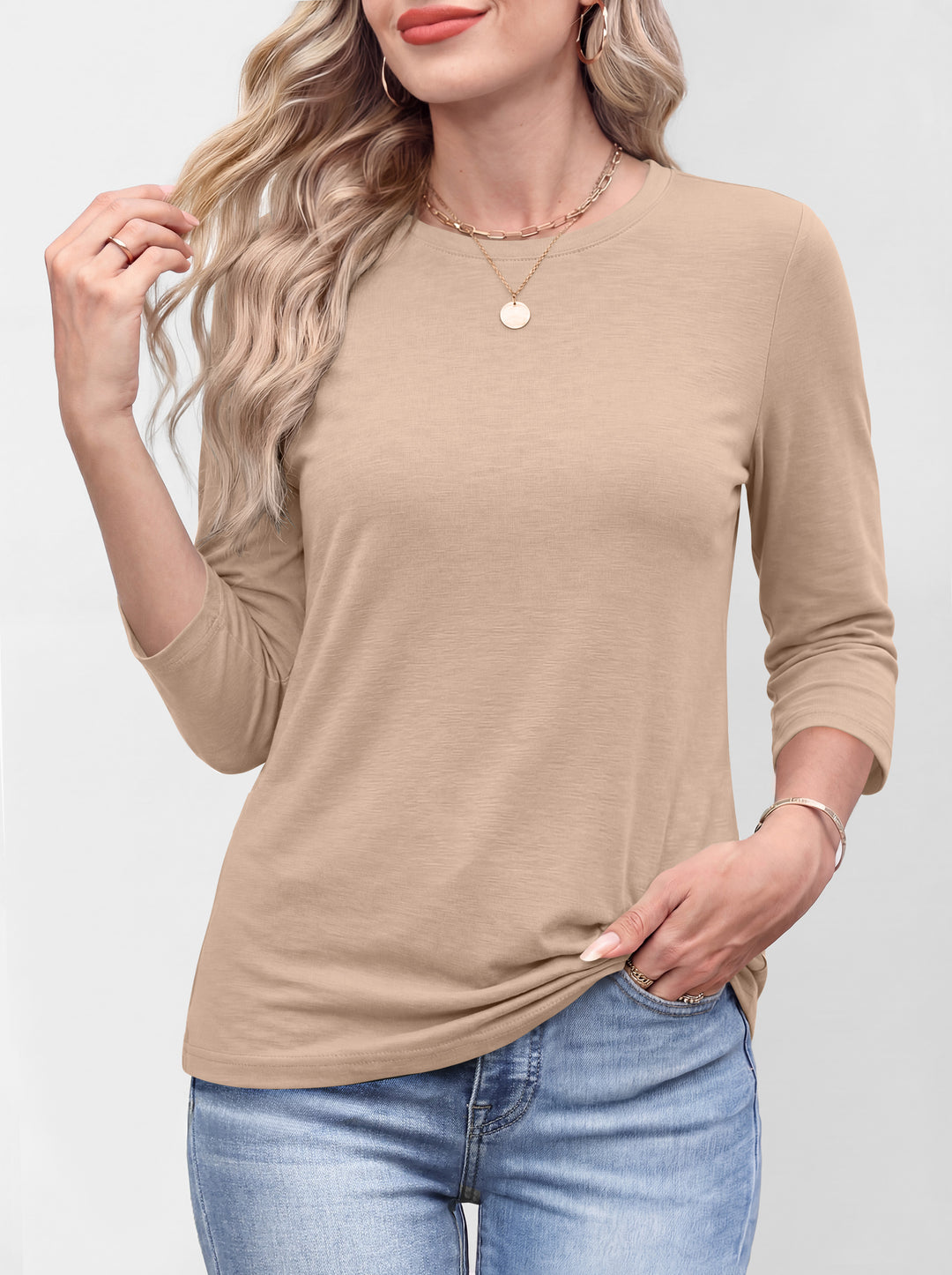 ANRABESS Womens 3/4 Sleeve Top，Wrinkle-Free Soft T-Shirts，Crew Neck Basic Tee，Casual Summer Spring Clothes ，Daily Work Travel