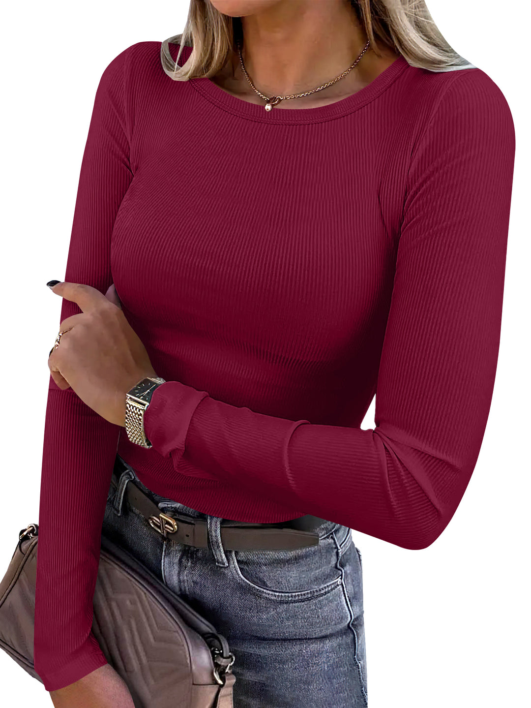 ANRABESS Long Sleeve Shirts for Women Ribbed Knit Slim Fit Basic Tops Crewneck Tees Spring Fall Casual Underscrubs Layer Clothes